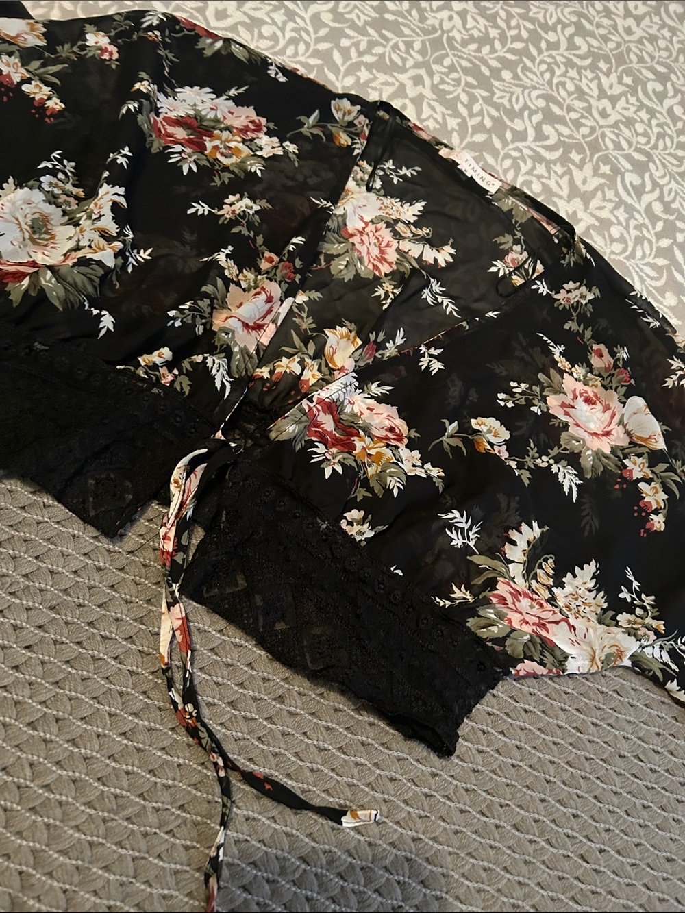 Timing Black Sheer Floral Tie-Front Kimono Robe